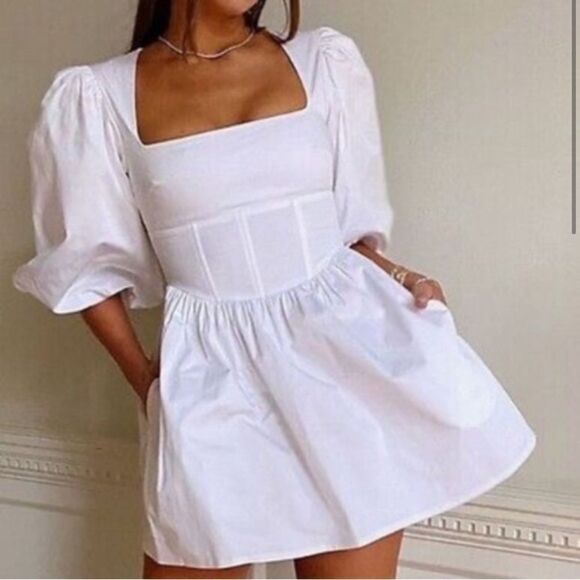 NWT WeWoreWhat Danielle Bernstein Faux Corset Bodice Puff Sleeve Mini Dress 2 - Picture 2 of 9